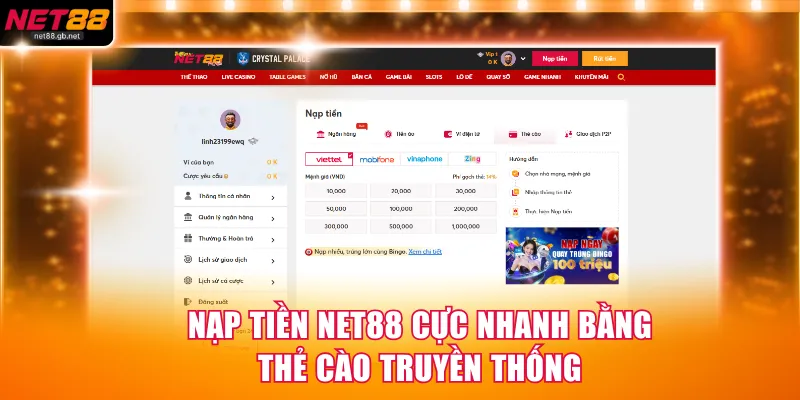 Nạp tiền NET88 cực nhanh bằng thẻ cào truyền thống